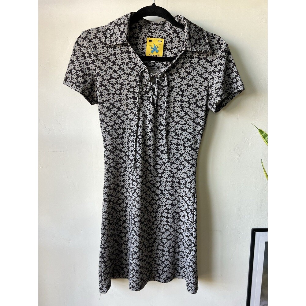 UNIF Corin Ditsy Floral Navy Gray Lace Up Collared Mini Dress V-Neck Small